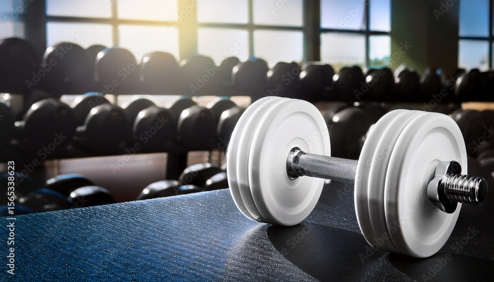 Fototapeta premium white dumbbells in gym fitness workout