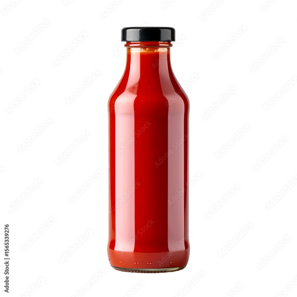 Glass bottle filled with red sauce perfect for food blogs, recipe cards, seasoning ads, or cooking product packaging designs. Glass bottle filled with red sauce perfect for food blogs, recipe cards, seasoning ads, or cooking product packaging designs.