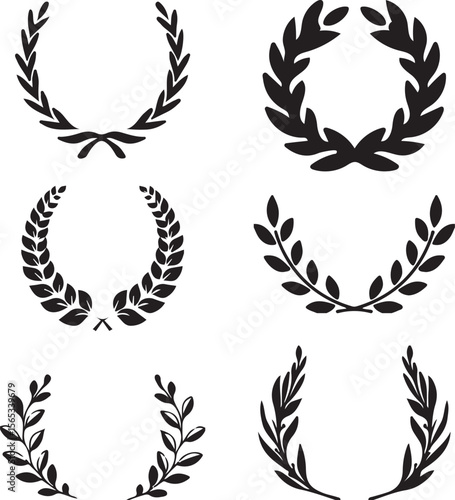Collection of Elegant Laurel Wreaths Depicting Achievement Victory and Honor Symbolizing Success with Minimalist Black and White Vector Illustrations