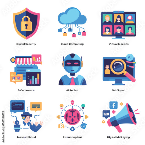 vector icons for robots, artificial intelligence, and the assistance provide in work and security 
