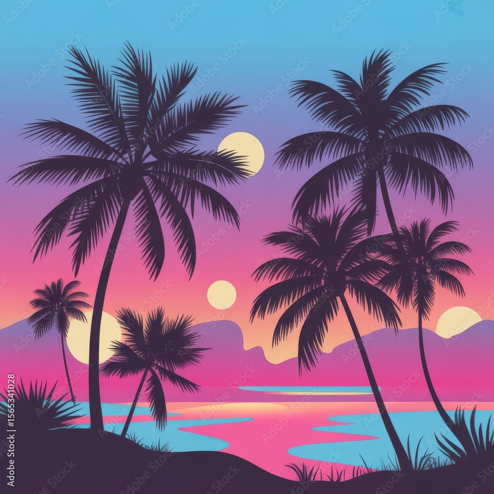 Obraz premium Palm silhouettes amidst a sunsethued sky water reflects colors