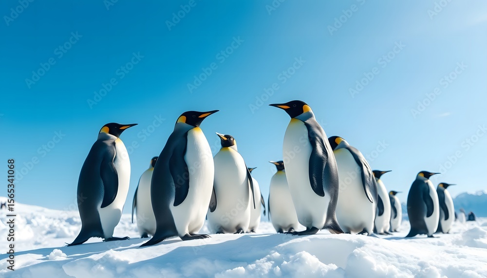 Fototapeta premium Group of Emperor Penguins Standing on Snow Under Bright Blue Sky