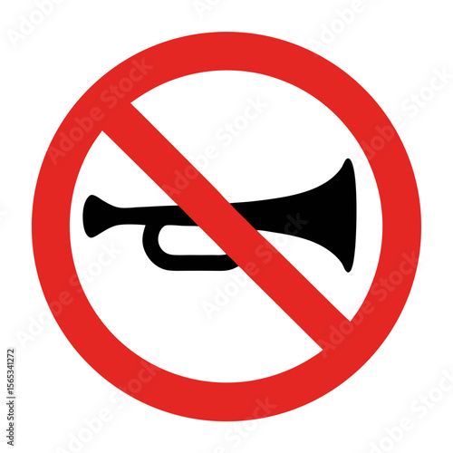 No horn symbol. Red circle prohibition sign with black trumpet.  No horn icon for public spaces, traffic rules, and quiet zones. This no horn image is perfect for safety signage.