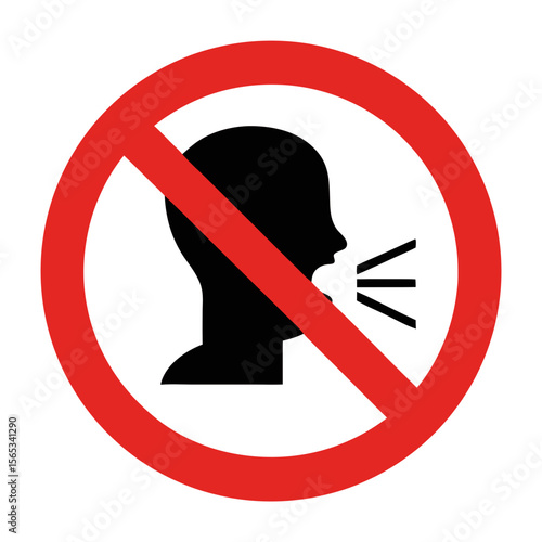 No shouting allowed sign. Simple prohibition symbol for public places, indicating silence request.  This no noise sign is perfect for libraries, hospitals, and quiet zones.
