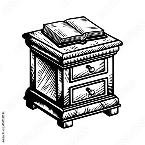 Nightstand with book. Hand-drawn wooden nightstand with open book on top and two drawers. Classic nightstand design perfect for bedroom decor.