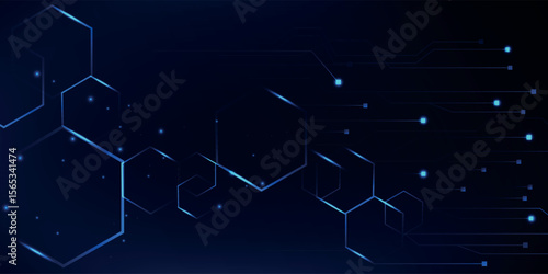 Abstract scientific vector background. Interweaving on a dark blue gradient of hexagons of different shapes with a plexus effect
