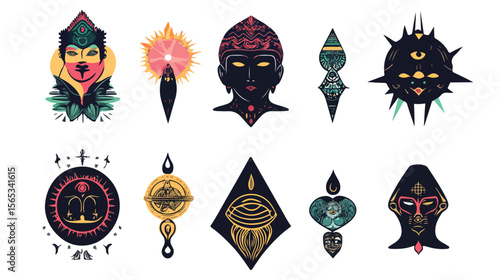 Nine Esoteric Art Set Icons Vector Bundle