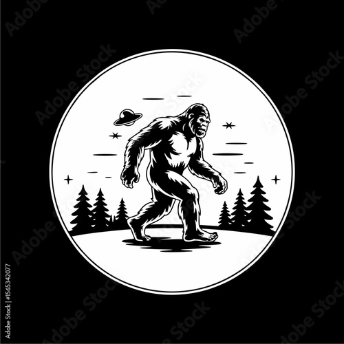 Bigfoot striding through a moonlit forest, UFO sighting in the night sky.