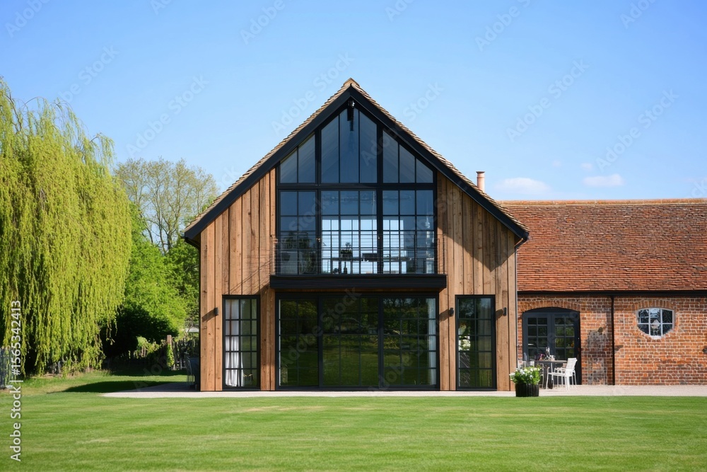 Obraz premium Modern wooden house with large windows and manicured lawn in a serene rural setting, showcasing contemporary architecture and natural surroundings under clear blue sky
