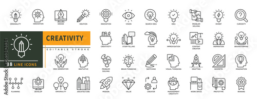 Minimalist Creativity line icons set with editable stroke, featuring originality, innovation, design, idea, innovation, vision, invest, visual thingking, drafting, geometri. thin linear illustration.