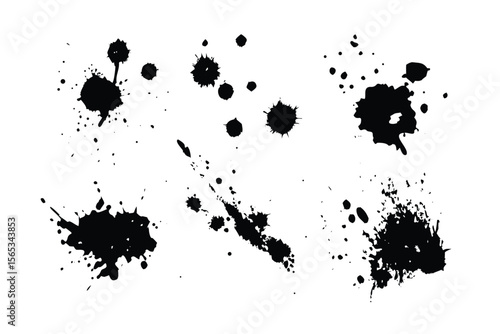 Paint Splash & Ink Blot Vector Engraving Set. Detailed Monochrome Grunge Texture Icons & Symbols. Vintage Stipple & Hatching Illustrations