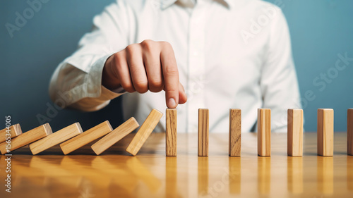 A close-up of a hand in a white shirt halting falling wooden dominoes on a light table with soft lighting and blurred background