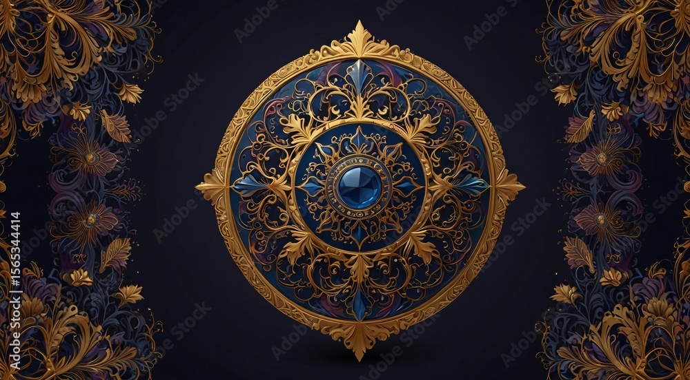Ornate shield design features luxurious golden foliage and a central blue jewel against a dark background. Ornate shield design features luxurious golden foliage and a central blue jewel against a dark background.