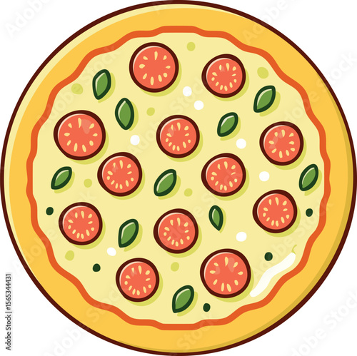 Overhead view of a pizza with pepperoni, olives, and herbs.