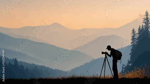 A photographer capturing the stunning mountain range landscape with his camera equipment during golden hour, in this stylized graphic design.