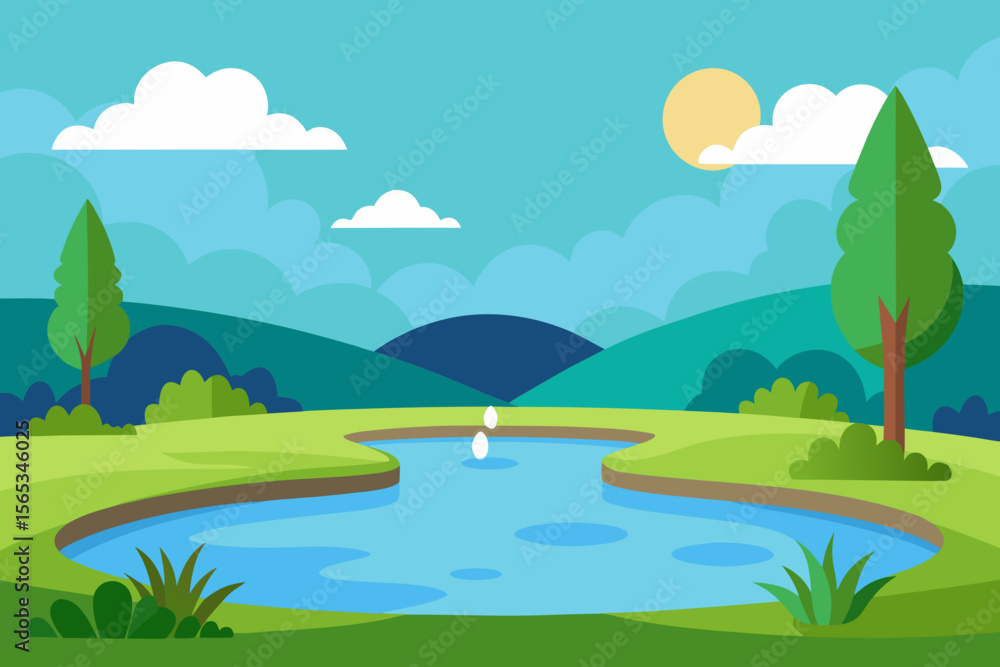 Obraz premium Rivers and lakes flow through a summer landscape, with green hills and a vibrant sky, illustrating nature's serene beauty