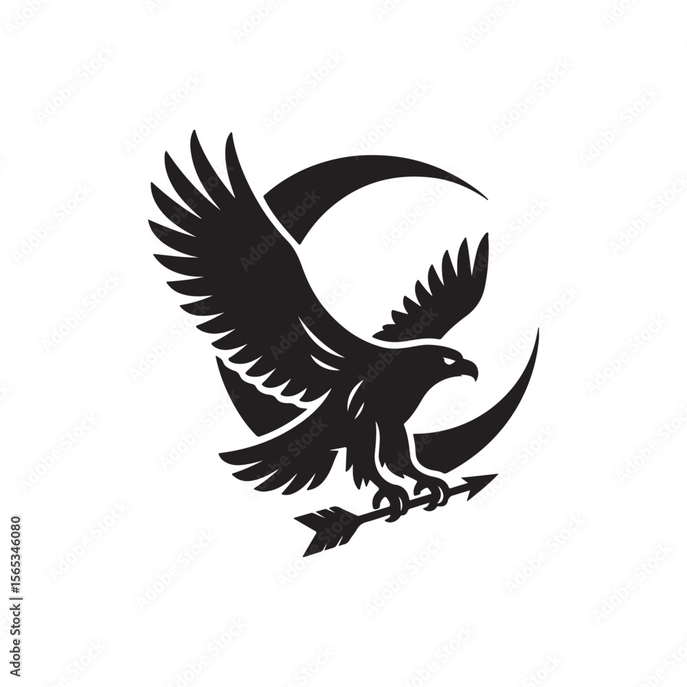 Obraz premium A black silhouette of an eagle flying with an arrow against a crescent moon shape