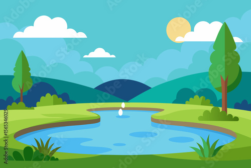 Rivers and lakes flow through a summer landscape, with green hills and a vibrant sky, illustrating nature's serene beauty