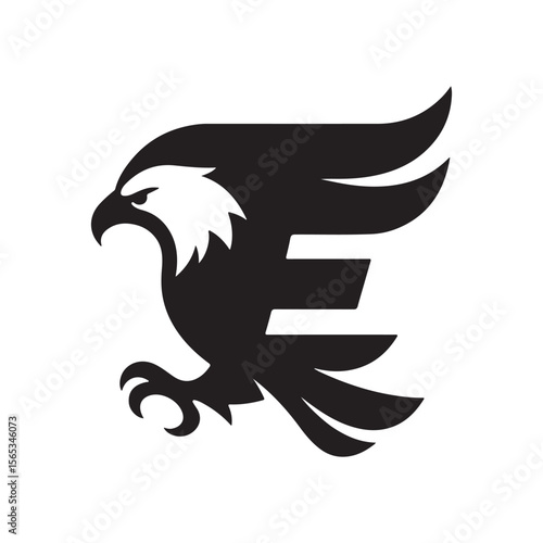 A stylized black and white eagle logo design incorporating the letter e shape element