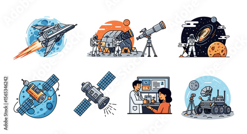 Illustration showing space exploration elements including astronauts and space technology icons set up nicely