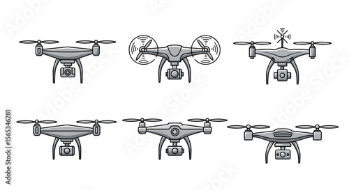Illustration of six different drone designs with varying features and camera attachments shown clearly