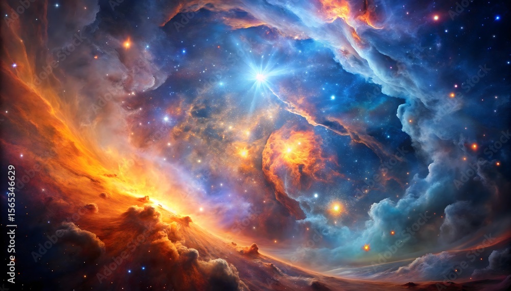 Fototapeta premium Photo of a vibrant nebula bursts with color, showcasing a cosmic dance of stars and swirling gases