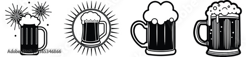 Four Black and White Beer Mug Illustrations
