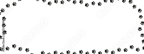 Rectangular paw print frame with blank center for text or image. Black dog or cat paw silhouette border. Perfect for pet shop ads, websites, flyers, or decoration. Vector illustration.