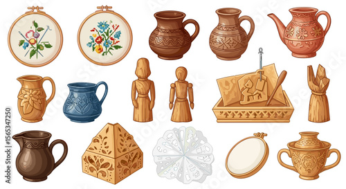 Collection of handcrafted items including pottery embroidery and wooden carvings displayed together