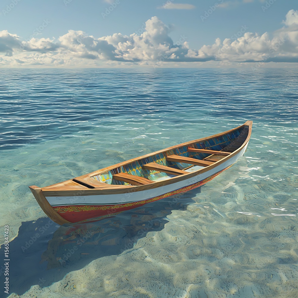 Naklejka premium Wooden rowboat on transparent water