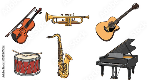 Illustration of various musical instruments including a violin trumpet guitar and piano drum saxophone