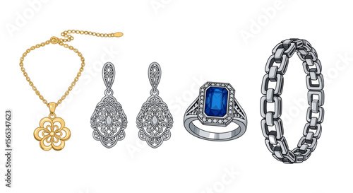 A collection of jewelry featuring a gold necklace, silver earrings, ring, and bracelet displayed