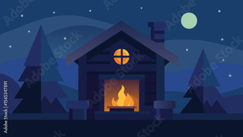 Cozy Cabin Fireplace Scene at Night Vector Illustration