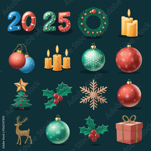 vector Happy New Year Celebrating 2025 in Latin letters , Christmas Decoration Items Santa Claus