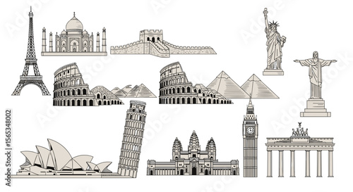 Collection of world landmarks including eiffel tower taj mahal and statue of liberty drawing style