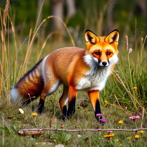 It features a vivid red fox standing elegantly in nature.