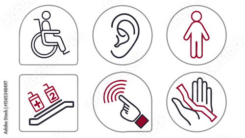 Illustration of accessibility and warning symbols including wheelchair access hearing assistance and more