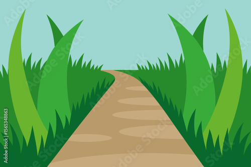 Lush green foliage frames a winding path through the grass, leading to the tropical sea under a clear summer sky