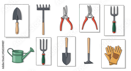 Illustration showing various gardening tools including shovels, rakes, pruners, and a watering can tool