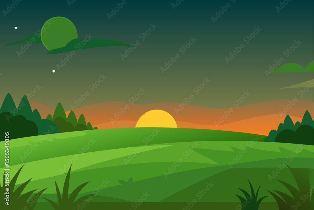 Obraz premium Green hills meet the blue sky at sunset, a summer landscape with trees and clouds