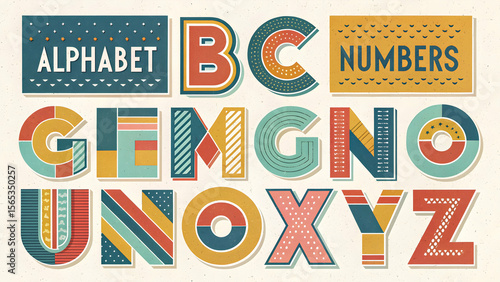 Alphabet, numbers illustration. Trendy brutalist geometric font style. Riso, risograph print effect. Big colorful layered letters, characters set, collection. Banners, posters bright modern template