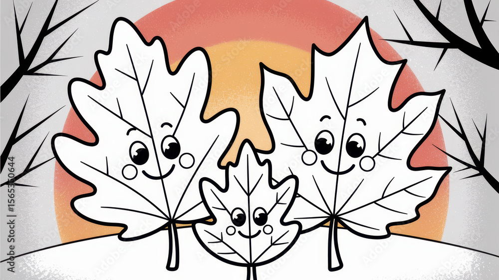 Fototapeta premium Happy cartoon leaves with faces against a sunset background