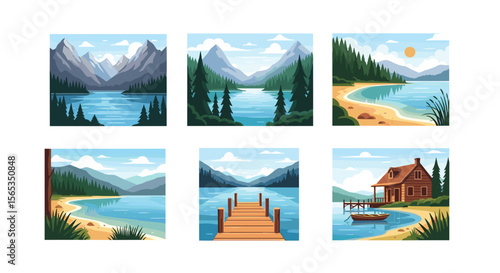Illustration showing six scenes of lakes with mountains, trees, beaches and a cabin in a cartoon style
