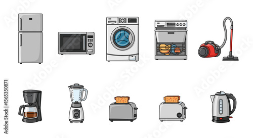 Illustration of various household appliances including refrigerator and vacuum cleaner and toaster oven shown
