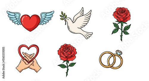 Collection of love themed illustrations featuring hearts, a dove, roses, and wedding rings displayed nicely