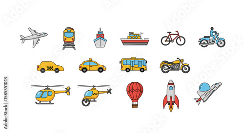 Illustration showing various modes of transportation including air land and sea vehicles in cartoon style