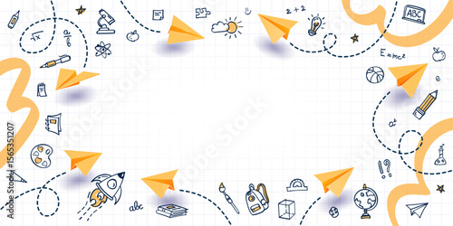 School background with frame of hand drawn education elements and paper planes on white checkered notebook paper. Sketch border, creative banner template for back to school theme, education concept.