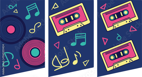 Funky graphic with musical records and cassette tapes for retro designs