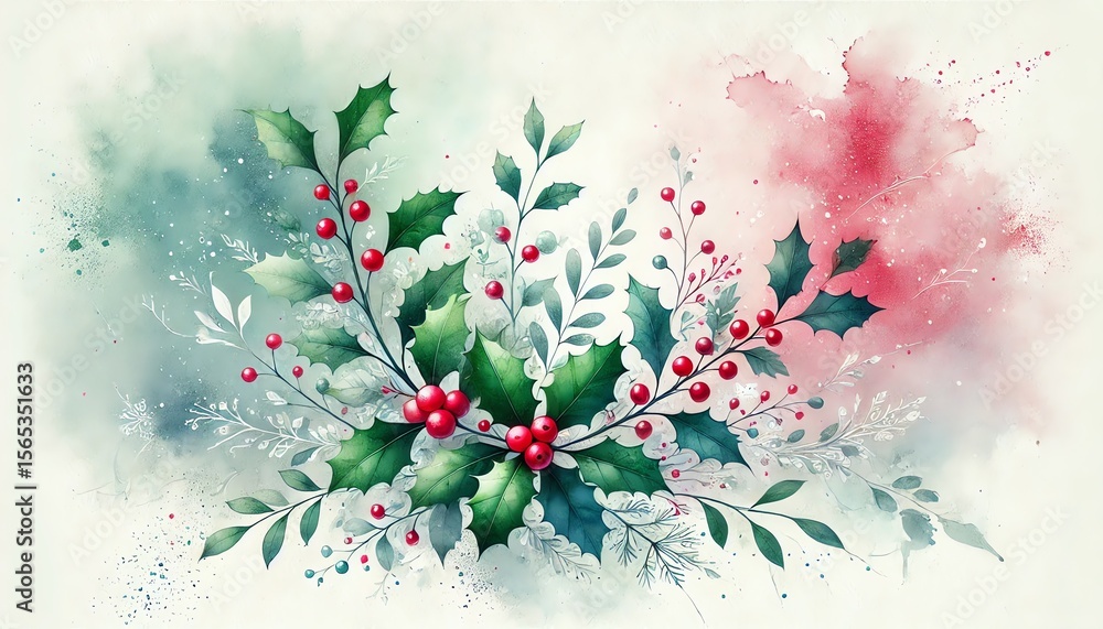 Fototapeta premium A delicate watercolor painting featuring a cluster of holly sprigs with vibrant green leaves and multiple red berries arranged artistically