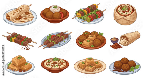 Assortment of middle eastern dishes including shawarma kebabs and falafel in a cartoon style